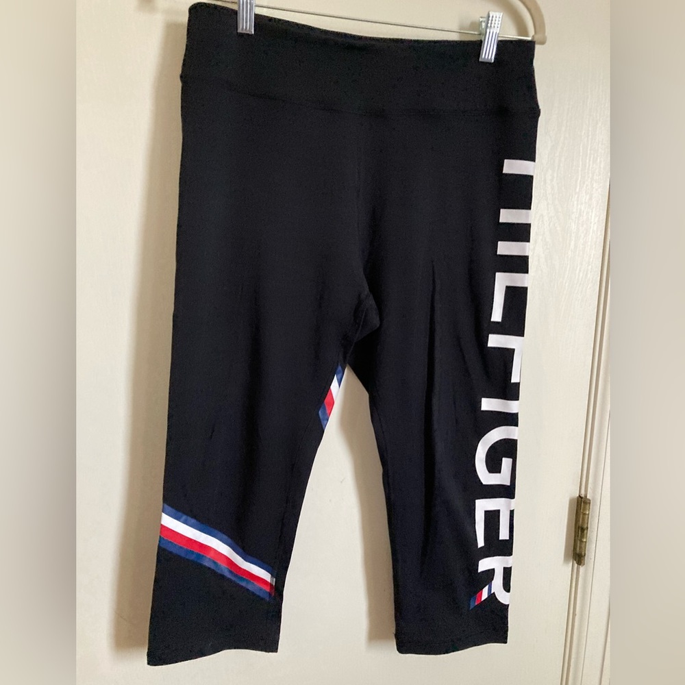 *Tommy Hilfiger Sport Black Striped Hilfiger Spelled in White Large Capris #Br